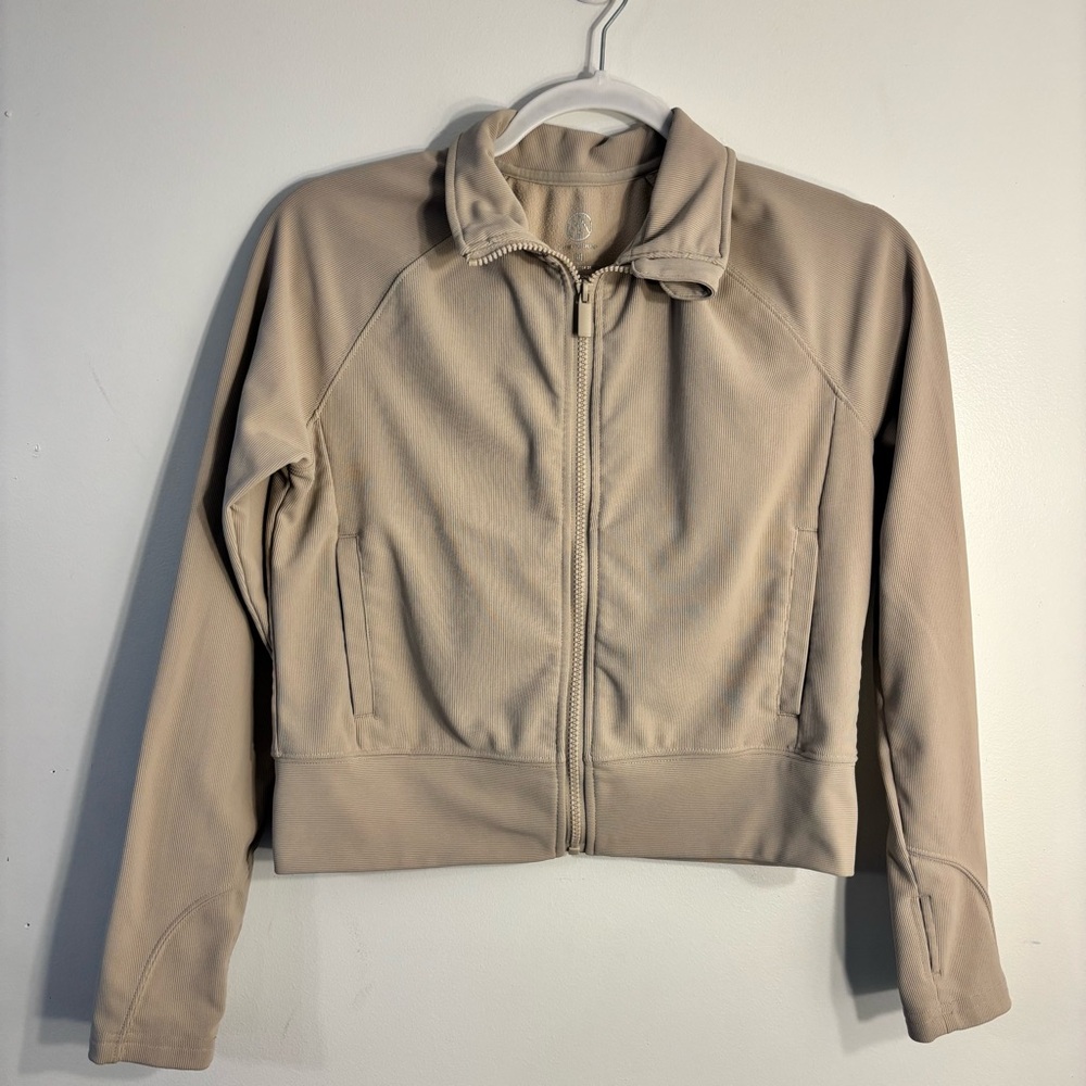 Move Theology Taupe Zip-Up Active Jacket | Cropped Athleisure | Size M